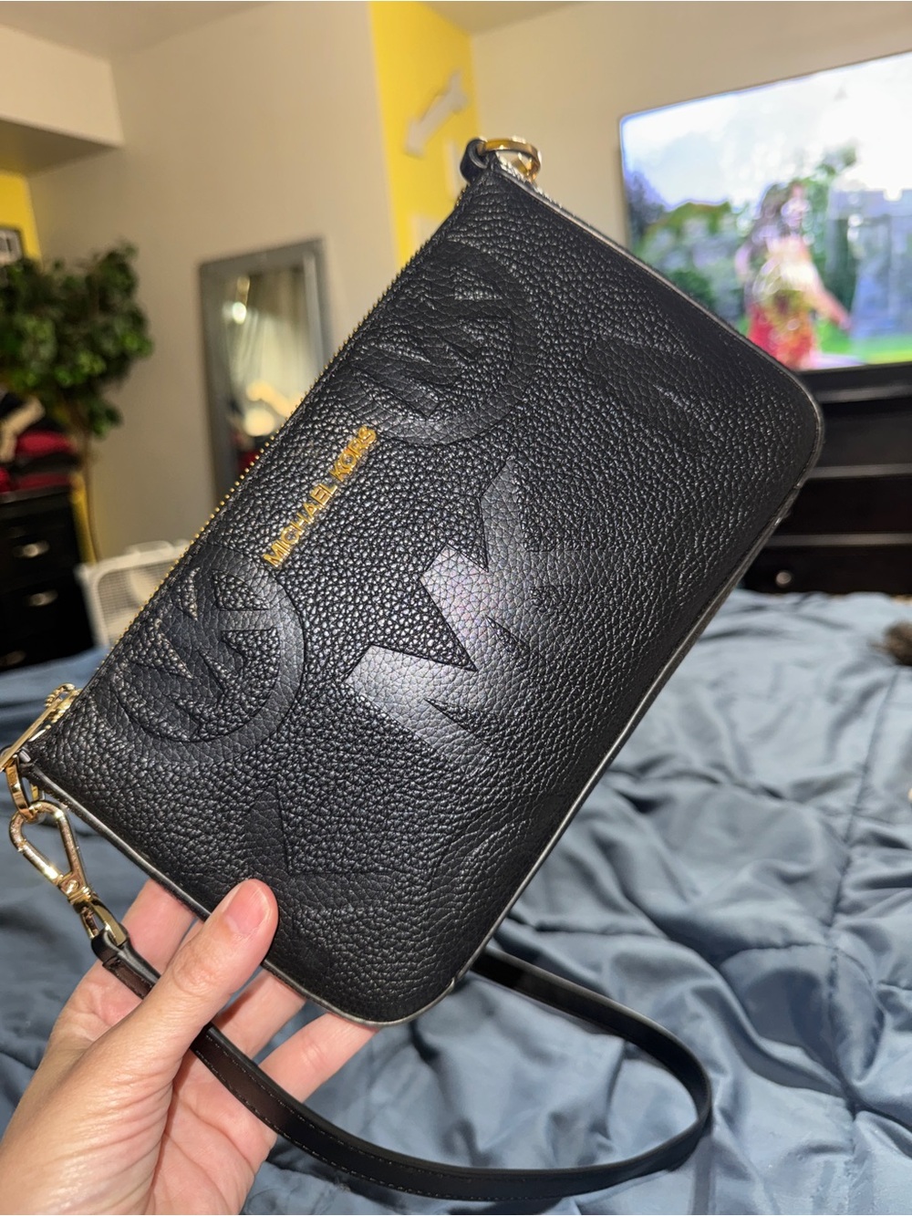 Michael Kors Black Embossed Logo Leather Wristlet with Gold Hardware